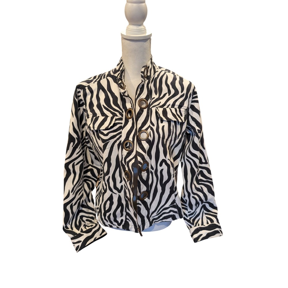New Direction Zip Front Jacket Zebra Print Grommet Black White Mock Neck M